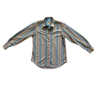 Robert Graham Shirt Mens Medium Striped Paisley Trim Silk Blend Casual Multicolo